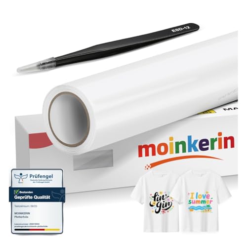 moinkerin Weiße 30 5x200cm Plotterfolie Textil & Transferfolie Plotter - PVC-Transferfolie mit Edelstahl-Pinzetten für DIY T-Shirts & Textilien