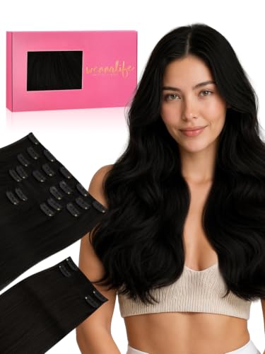 WENNALIFE Clip in Hair Extensions, 150g 16 Inch 9pcs Jet Black Remy Hair Thicker Double Weft Extensiones De Cabello Humano Con Clip Ins Straight Full Volume