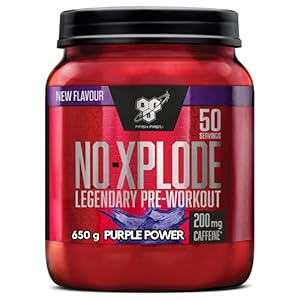 BSN Nutrition N.O.-Xplode Pre Workout Powder Food Supplement, Energy and Focus Booster with Caffeine, Amino Acids, Vitamin C and Zinc, Purple Power Flavour, 50 Servings, 650 g