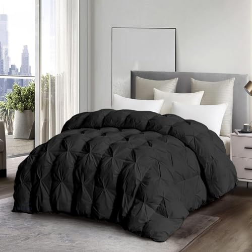 THREADZEN Alaskan King Comforter 136x120 - Extra Large 1 Piece Down Alternative Duvet Insert with 8 Corner Tabs - Pinch Pleat Quilt, Ultra Soft, All Season, Oversized King Comforter - Black