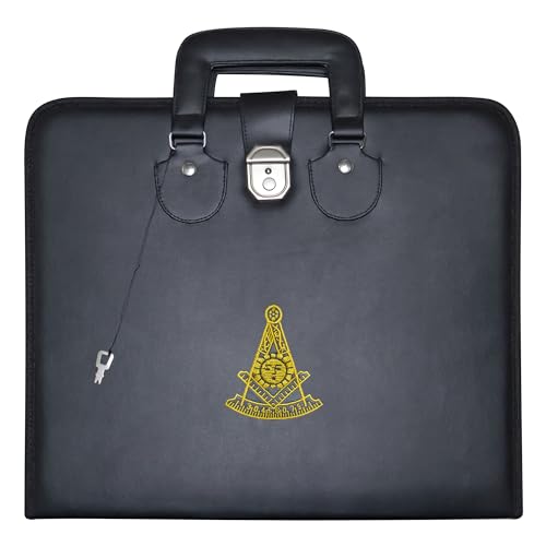 Image of Masonic Past Master Apron Case - Machine Embroidered (Black Leather), MM Provincial Size | Freemason Carrying Bags