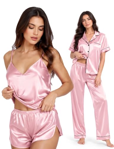 Image of SWOMOG Womens Silk Satin Pajamas Sets 4pcs Sleepwear Sexy Cami Shorts Set and Button Down Short Sleeve Pjs Loungewear