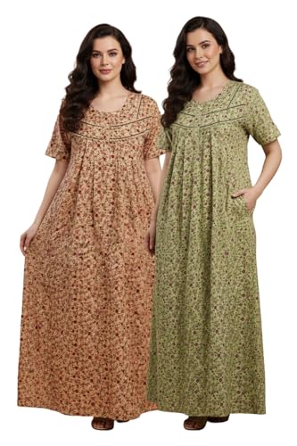 Image of Bahumaan Cotton Nighty for Women Full Length Stylish | Floral Print Pure Cotton Maxi Dress for Women with Pocket | Sleepwear Gown for Women