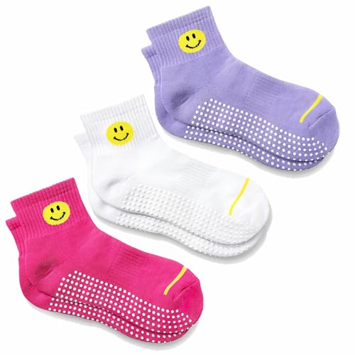 Image of Smiley Grip Socks 3-Pack - Cushioned for Pilates, Studio, Non-Slip Ankle Socks, Happy Face Design, Blue, Green, White