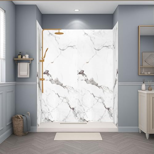 Maasechs 4 Pcs 79in x 39in Waterproof Vinyl Shower Surround Kit Shower Wall Panels Gold White Marble with Accessories in Solid Surface for Subway Tub Corner Trimmable Upgraded Protection(Stylish)