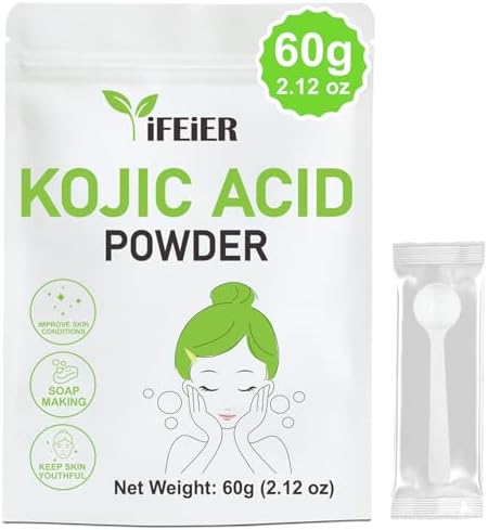 iFEiER Pure Kojic Acid Powder 60g(2.12oz) for Skincare Products and Homemade Cosmetics. Natural and Organic Kojic Acid Powder for DIY lotions | serums | soaps. Soluble in water only; insoluble in oil.