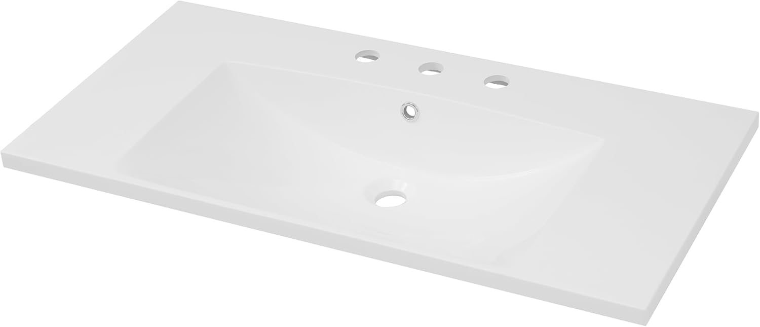 Merax Bathroom Vanity Sink Top, Rectangular Resin Single Sink Basin Vanity Top with Integrated Sink, 8-Inch Faucet 3 Hole Spread, White (36" - 8" Widespread)