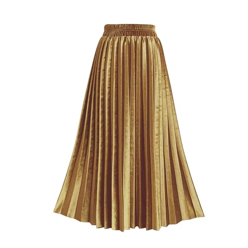 TONCHENGSD Women's High Elastic Waist Velvet Midi Long Pleated Swing Ruffled Skirt