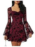 WDIRARA Women's Floral Jacquard Mesh Gothic Dress Bell Long Sleeve A Line Vintage Dresses Burgundy Medium