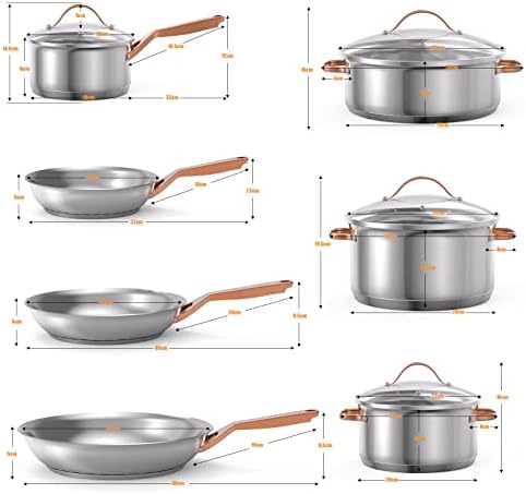 TANGZON 11 Piece Stainless Steel Cookware Set, Non-Stick Induction Pot & Pan Sets with Glass Lids and Cool Touch Handles, Includes 18cm Saucepan, 20/24/28cm Frying Pans, 22/26/28cm Stockpots