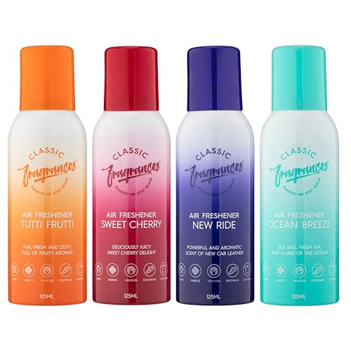 Classic Fragrances 4 Pack Assorted Aromas Bundle - Air Freshener Spray - For Home, Vehicles, Clothes, Fabrics – Long Lasting Smell, Portable Spray Can – Deodorise & Neutralise Odours – 125ml