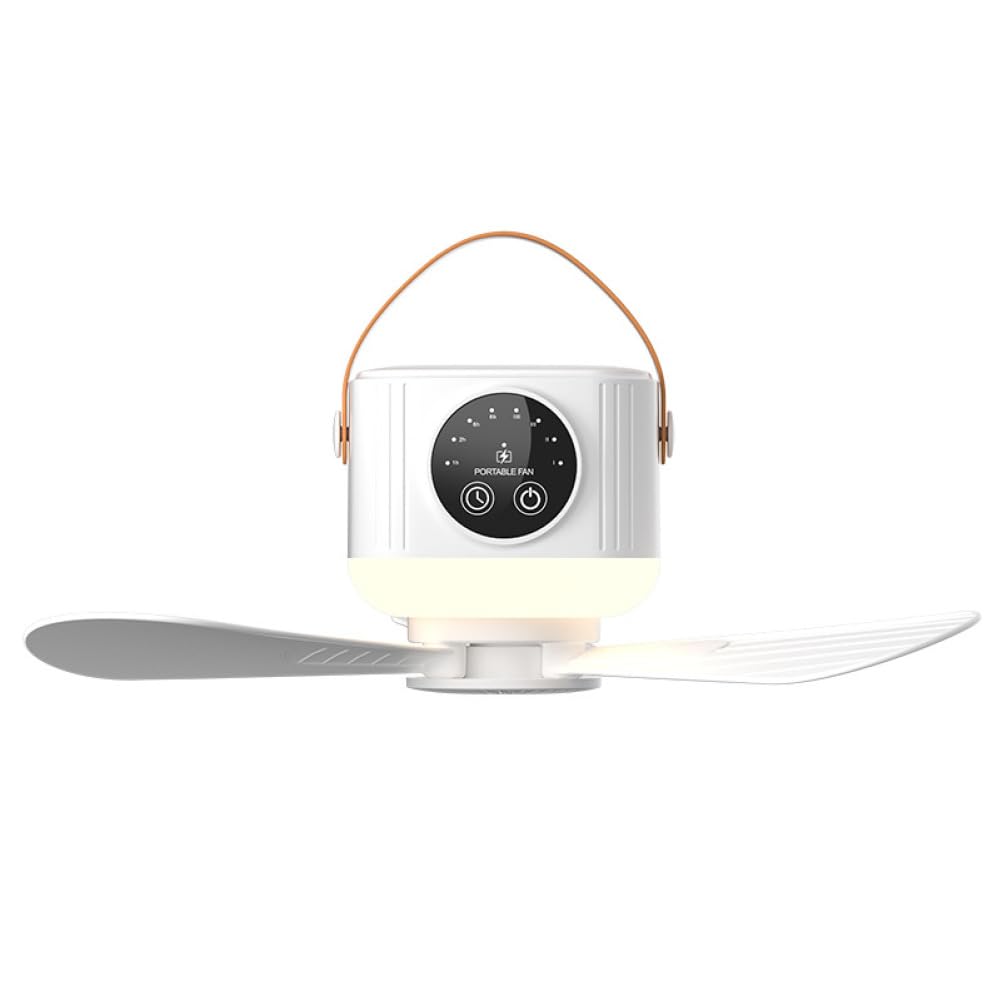 Ameble Battery Operated Ceiling Fan, 7200mah Tent Ceiling Fan Rechargeable with Night Light & Remote Hanging/Desktop Portable Fans, White tent, portable, battery operated