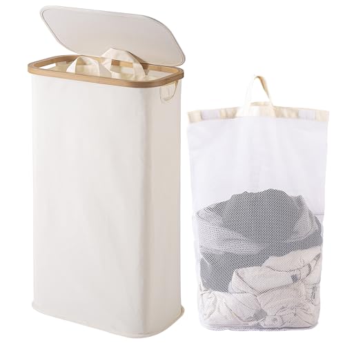 Vencier Cesto portabiancheria sottile con coperchio, 60 l, pieghevole, con borsa rimovibile e manici in bambù, cesto sottile per vestiti sporchi, per bagno, camera da letto, dormitorio (beige, 60 L)