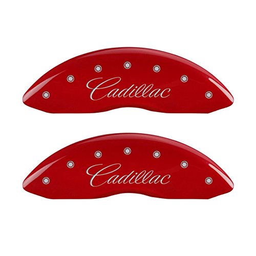 Image of MGP Brake Caliper Covers Compatible with 2014-2019 Cadillac CTS (Requires 18 inch+ Wheels) Powder-Coated Finish, 4 PCS Front and Rear - Red, Cadillac (Cursive)