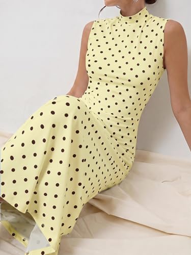 Image of Milumia Women's Polka Dots Maxi Tank Dress Vintage Mock Neck Sleeveless Elegant Long Dresses