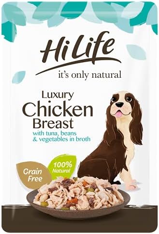 HILIFE it's only natural - Wet Dog Food - Luxury Chicken Breast, Tuna, Beans, Vegetables in Broth - 100% Natural Grain Free, 15 Pouches x 100g