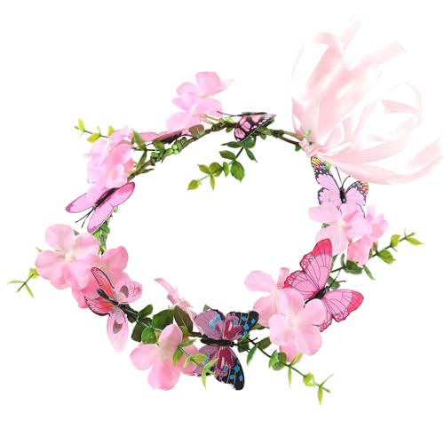 Gmmidea Butterfly Flower Crown for Women Girls Fairy Flower Headband Crown Adjustable Wedding Festival Floral Hair Wreath Pink