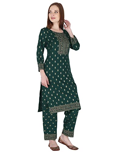 Image of Women's Rayon Printed Kurta with Palazzo Set (Small, Green Palazzo Set)