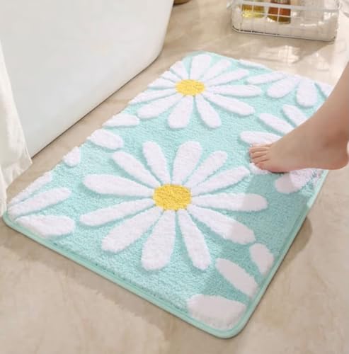 Image of Cotton Floral Door Mat | Water Absorbent, Anti-Skid, Machine Washable Floor Mat | Soft Microfiber Carpet for Home, Living Room & Bedroom | Premium Decorative Mat (Sea Green, Rectangular)