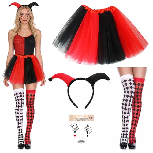 ZXTGBQ 5PCS Costume De Clown Pour Femmes, Costume De Mime, Bandeau Arlequin, Chaussettes, Tatouages...