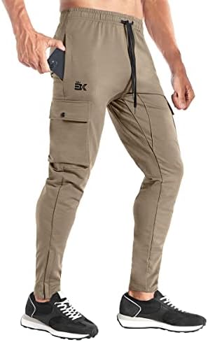 BROKIG Mens Cargo Gym Joggers Pants,Workout Athletic Sweatpants for Men with Pockets(Beige,Large)