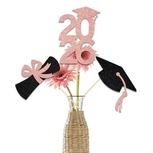 Hzbcxs 12Pcs Graduation 2026 Graduation Centerpiece Sticks Class of 2026 Party Decor Table Toppers for College High School Graduation Party Supplies Rose Gold & Black