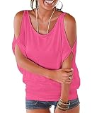 Miselon Womens Batwing Sleeve Cold Shoulder Tops Sexy Cutout Blouses Pink M