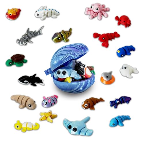 Unilyhow 20PCS Ocean Animal Set,3D Printed Shells， 3D Printed Mini Sea Animals Articulating Flexible Fidget, Cute Animal Figurines Birthday Office Desktop Home Decoration