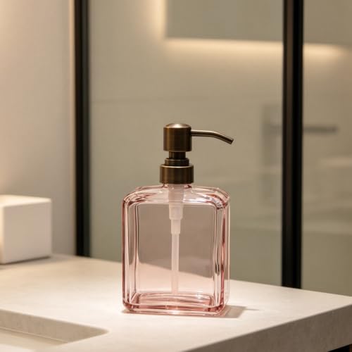 Image of Soap Dispenser Pink Rectangular, Oil Rubbed Bronze Pump, 13.5 oz | Glass Bottle, Rust Proof Stainless Steel Pump, Refillable, Hand Soap, Liquild Soap, Dish Soap, Bathroom, Kitchen