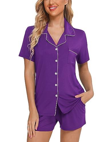 Image of Anjue Womens Pajamas Set Short Sleeve Sleepwear Button Down Nightwear Shorts Soft Pj Sets S-XXL