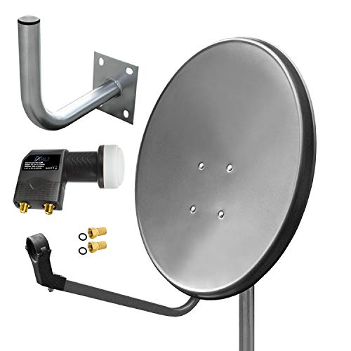 60cm HD Sat Anlage Twin LNB + Wandhalter 25 cm + 2 F-Stecker Digital 2 Teilnehmer Antenne grau UHD 4K