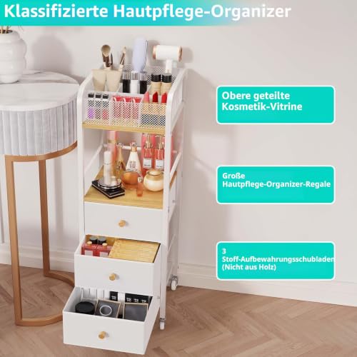 HapiRm Kosmetik Rollwagen Schminktisch Organizer - Boden-Hautpflege Rollwagen Kosmetikstudio mit 3 Schubladen, Kosmetikwagen mit Rollen Kosmetikvitrinen, Halter für Hautpflege, Parfüm, Nagellackbürste