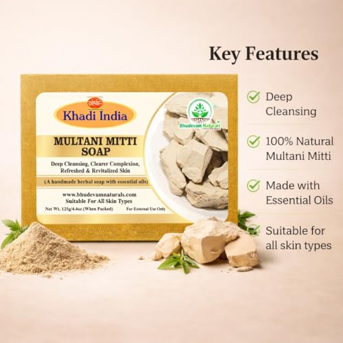 Image of Khadi Organic and Natural Multani Mitti Soap for Oily & Acne-Prone Skin | Deep Cleansing Herbal Bathing Bar with Fuller's Earth | Radiant Skin & Glowing Skin By Bhudevam Naturals | Suitable for All Skin Types - Pack of 2