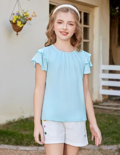 Image of Arshiner Girls T Shirts Ruffle Short Sleeve Summer Pleated Crewneck Casual Tops Tees Blouses