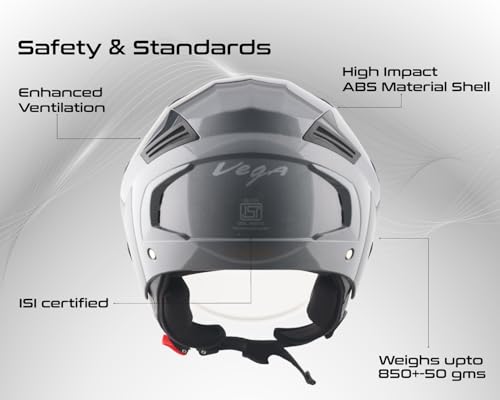 Image of Vega VO-05 Clark ISI Certified Open Face Motorcycle Helmet with High-Impact ABS Shell, Scratch-Resistant Visor, Comfortable Breathable Inner Padding & Secure Strap - Athena Grey - M