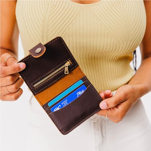 Image of Portland Leather Goods Women's Mini Bifold Wallet - Slim, Palm-Sized Design with Secure Snap Closure, 2 Card Slots, 2 Cash Slots & Zippered Coin Pocket - Grizzly
