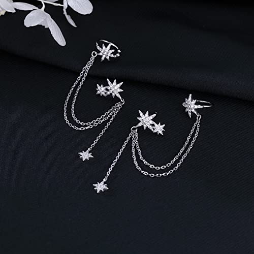 Sluynz 925 Sterling Silver Fashion Star Cuff Earring Chain For Women Teen Girls Star Crawler Earring Wrap Earrings (Pair-Silver) #TOP5
