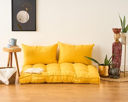 Image of SKANDA FAB Low Seating Cushion -100% Cotton Twill, Hand-Plotted Microfiber Filling, Floor Cushion with 2 Back Support Cushions - Ideal for Living Room, Balcony, Lounge- 80x120 Yellow (Pack of 1)