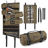 ARCFOX Vintage Oil Waxed Canvas Roll Up Tool Bag, 25 Pockets Car Tool Roll Bag Organizer with 5 Detachable Large Pouches +1 Wrench Pouch, Tab Window 15L Motorcycle Tools Organizer, Brown