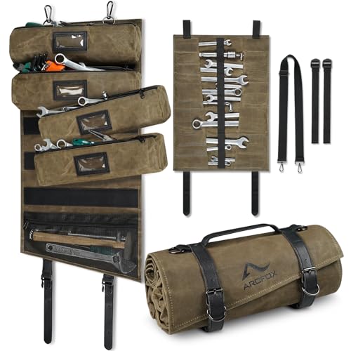 ARCFOX Vintage Oil Waxed Canvas Roll Up Tool Bag, 25 Pockets Car Tool Roll Bag Organizer with 5 Detachable Large Pouches +1 Wrench Pouch, Tab Window 15L Motorcycle Tools Organizer, Brown