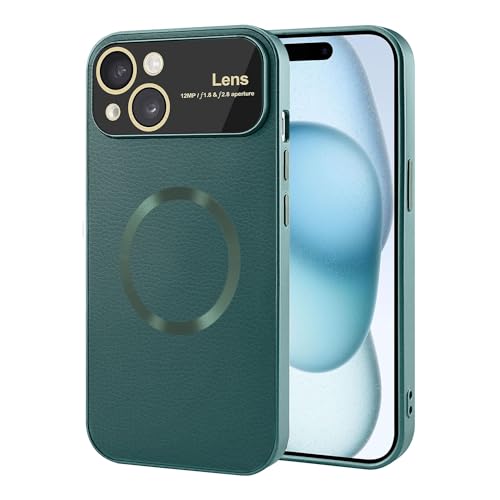 Image of Vaku Luxos Premium Polarized Leather Back Cover for iPhone 15 Plus Texture Full Lens Protection Silicon Case Scratch Resistant Slim Thin Compatible with Mag-Safe - Green