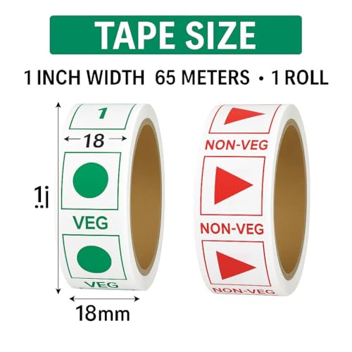 Image of Veg & Non-Veg Printed Tape Combo | Pack of 144 Rolls | 35 m x 24 mm (1 inch) | Self Adhesive BOPP Tapes with Green & Red Markings | Ideal for Food Packing & Box Sealing