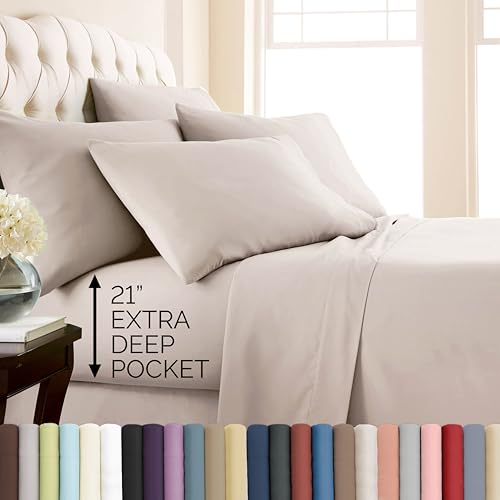 Southshore Fine Living, Inc. 6-Piece, 21-Inch Queen Sheets Deep Pocket, Pet Hair Resistant Queen Bed Sheet Set with Extra Deep Pocket Fitted Sheet, Bone Colored Sheets and Pillow Cases Set of 4, Bone