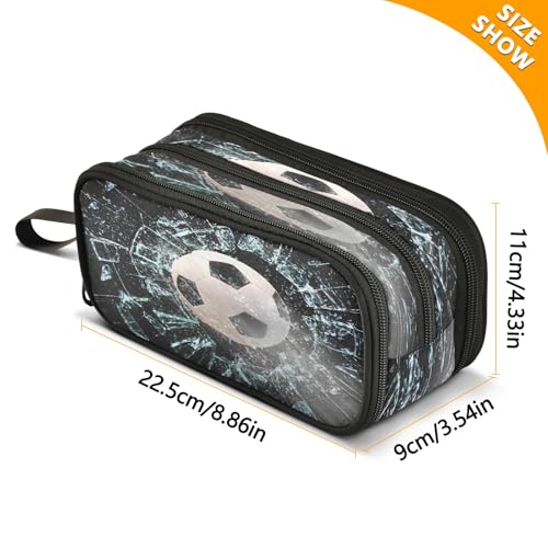 Image of Soccer Ball Through Glass Large Pencil Case 3 Compartment Pen Bag Pouch Holder Box for College School Portable Stationery Storage Bag for Girls Boys