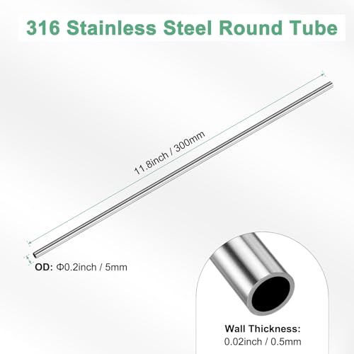 M METERXITY 1-Pack 300mm 316 Edelstahlrohr, 5mm OD 0,5mm Wandstärke Nahtloses Edelstahlrohr für Bau/Maschinenbau/DIY-Basteln, Metallgerades Rohr [0,2x0,5x11,8IN]