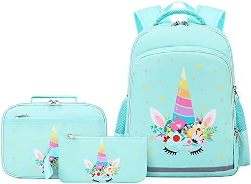 Unicorn Backpack and Lunch Box for girls School Backpack for Girls Unicorn Bookbag Set with Chest Strap Lunch Box and Pencil Bag Preschool Kindergarten Backpack Set