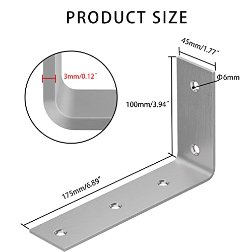 Image of YUMORE Shelf Bracket, 7 Inch L Brackets Heavy Duty, Stainless Steel Shelf Supports Wall Mounted for Floating Shelves, 4 Pack