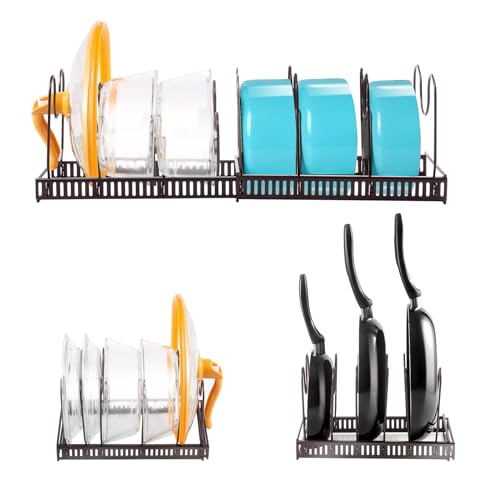 Masthome Organizador de Sartenes, Soporte Sartenes Expandible de Cocina, Organizador de Sartenes y Ollas con 7 Compartimentos Ajustables, Almacenar Sartenes, Tapas y Tablas de Cortar, Negro