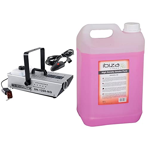 Showlite SN-1200 Nebelmaschine (1200W, 500m³ Nebelausstoß/min, 7 Min. Aufwärmzeit) inkl. Funk Fernbedienung & SMOKE5L-HD - IBIZA - Flüssigkeit für Nebelmaschinen mit hoher Dichte - 5 Ltr
