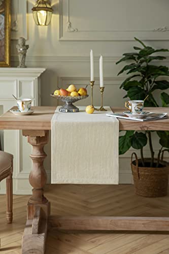 Image of ZeeMart Burlap Style Farmhouse Table Runners 48 Inches Long, Cream Rustic Woven Dining Table Runner for Everyday Use, 14x48 Inches, Cream